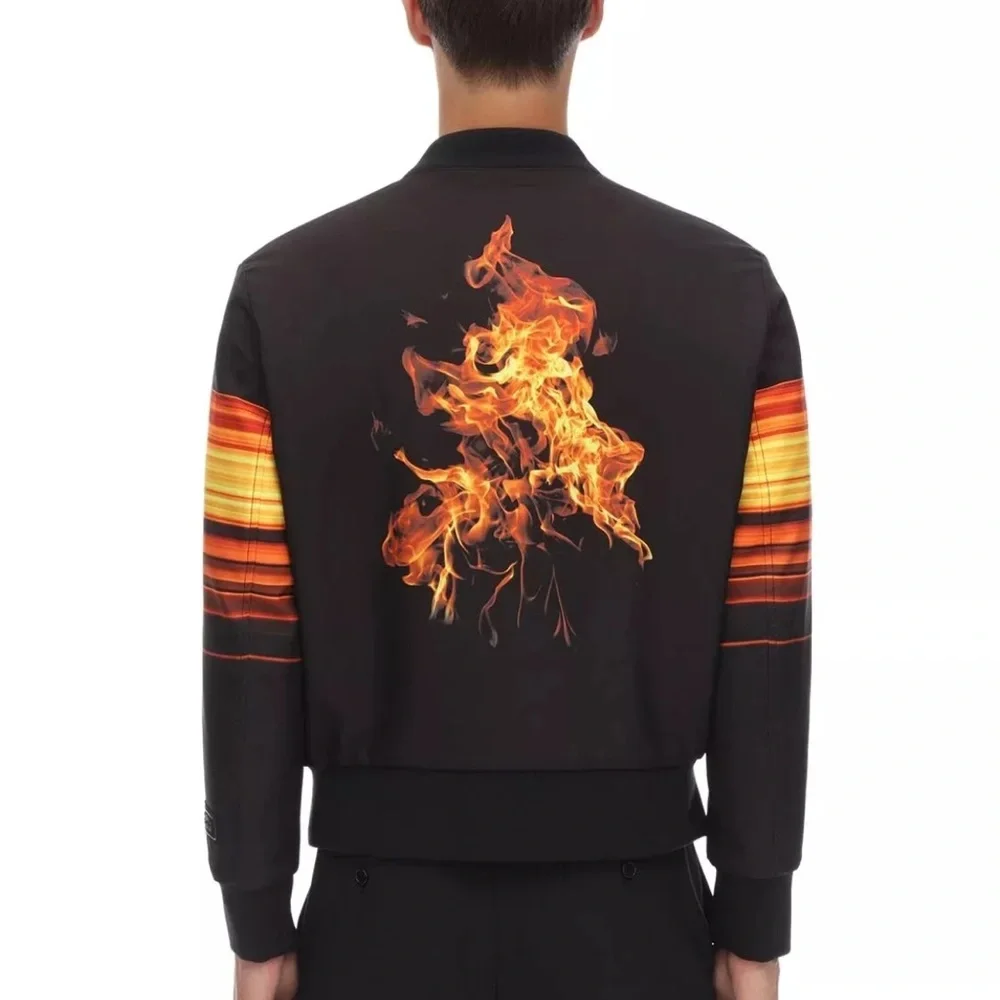 Neil Barrett Flame Print Bomber Jacket Black Orange Fire Graphic Designer Jacket